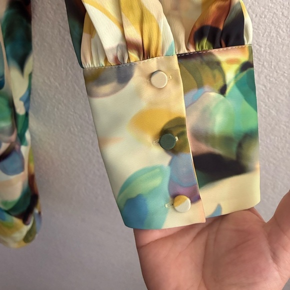 🆕Eloquii Satin Yellow and Green Sheath Dress with Bishop Sleeves 16🆕 - Picture 7 of 15